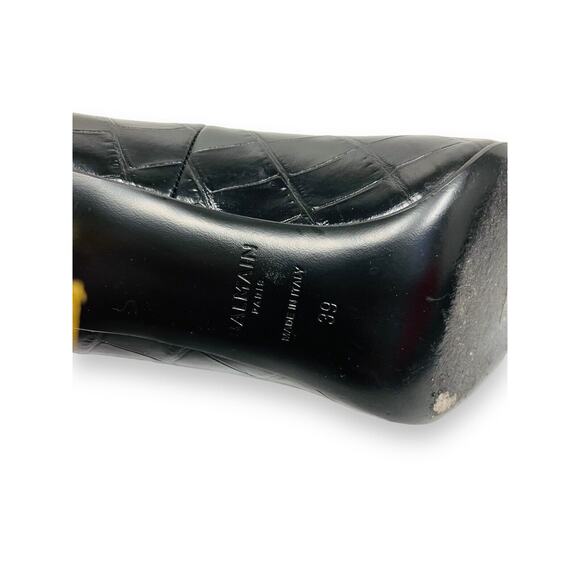 BALMAIN Black Leather Croc-Embossed MONETA Pointed Gold Heel Pumps 39 US 9 - Picture 10 of 10